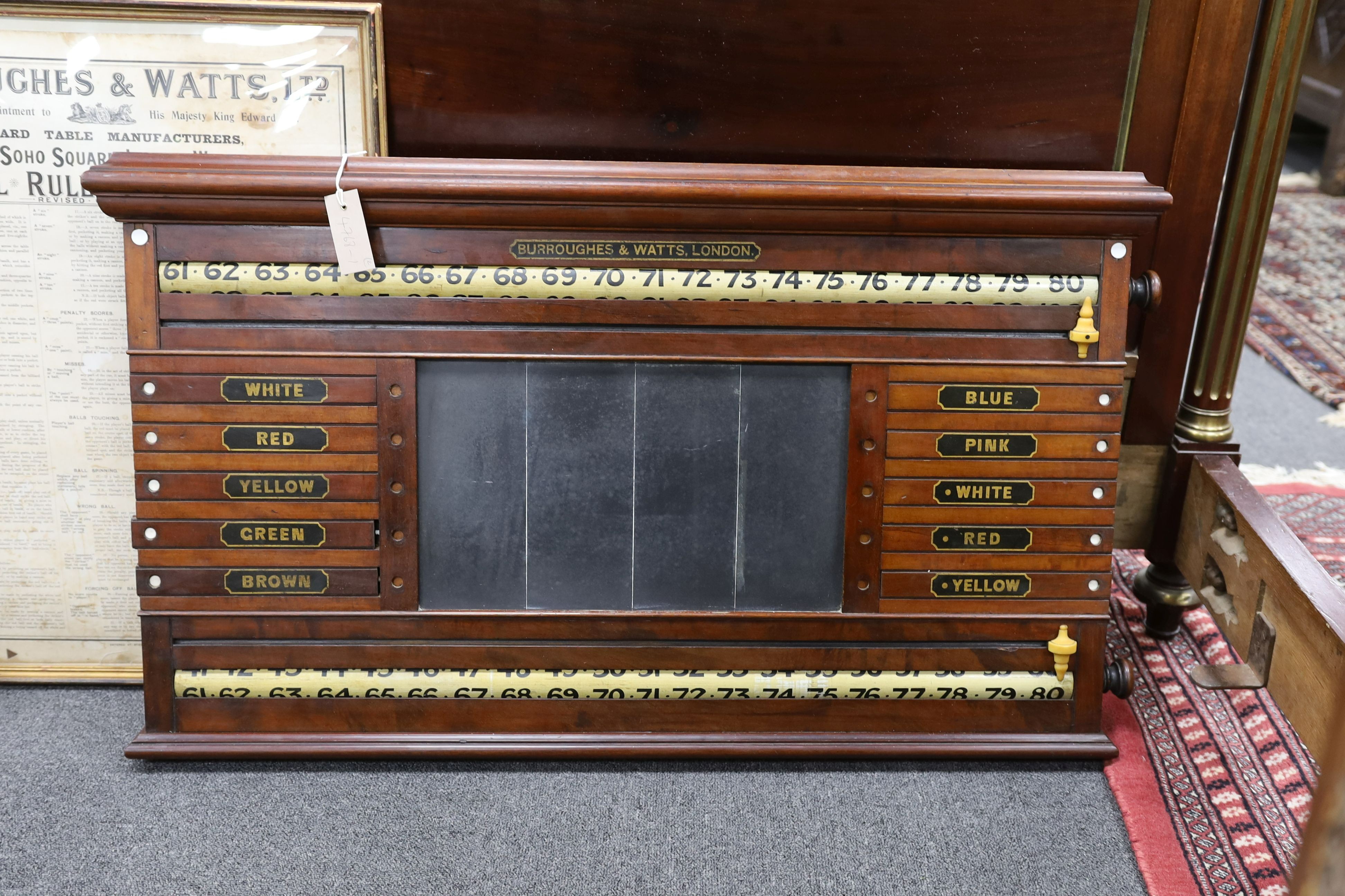 An early 20th century Burroughes & Watts mahogany snooker scoreboard and framed rules